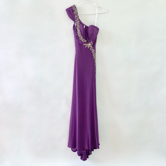 Terani Couture One Shoulder Rhinestone Beaded Formal Maxi Gown Dress Purple 0 - Picture 2 of 16
